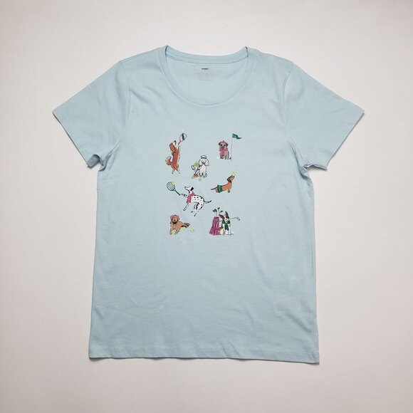 J.Crew Factory Sporty Dogs Graphic Tee Women Medium Light Blue SS Collectors Tee - Picture 1 of 16